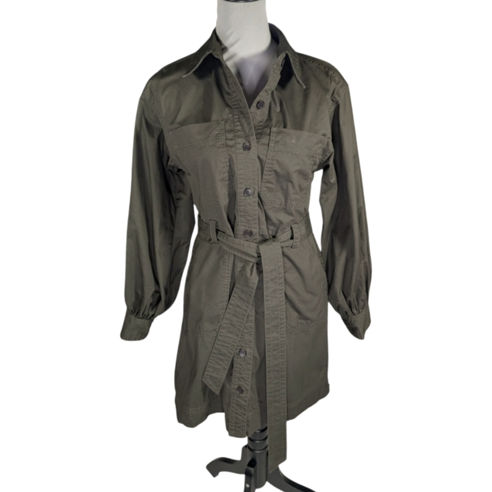 Banana Republic Utility Safari Mini Shirtdress Long Balloon Sleeve Camo Green XS - Picture 2 of 8
